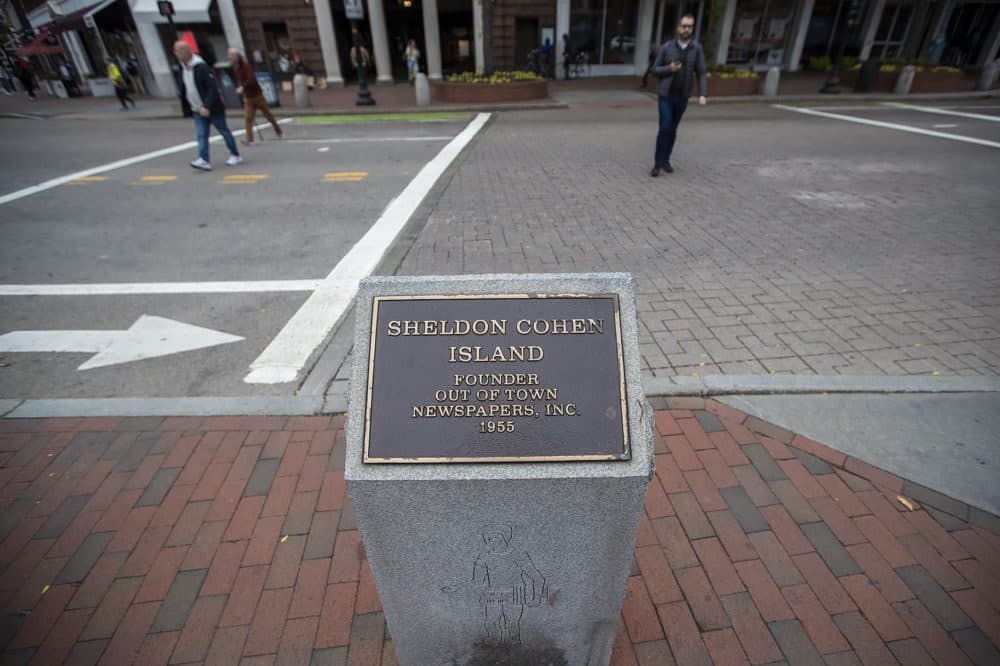 The island in the center of Harvard Square is named for Sheldon Cohen, the founder of Out of Town News. (Jesse Costa/WBUR)