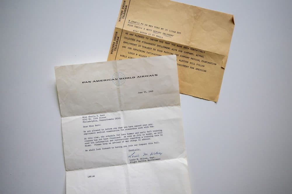 Top: a telegram from Pan Am notifying Nutt of her tentative selection as a stewardess. Bottom: a letter notifying Nutt she passed her medical examination. (Jesse Costa/WBUR)
