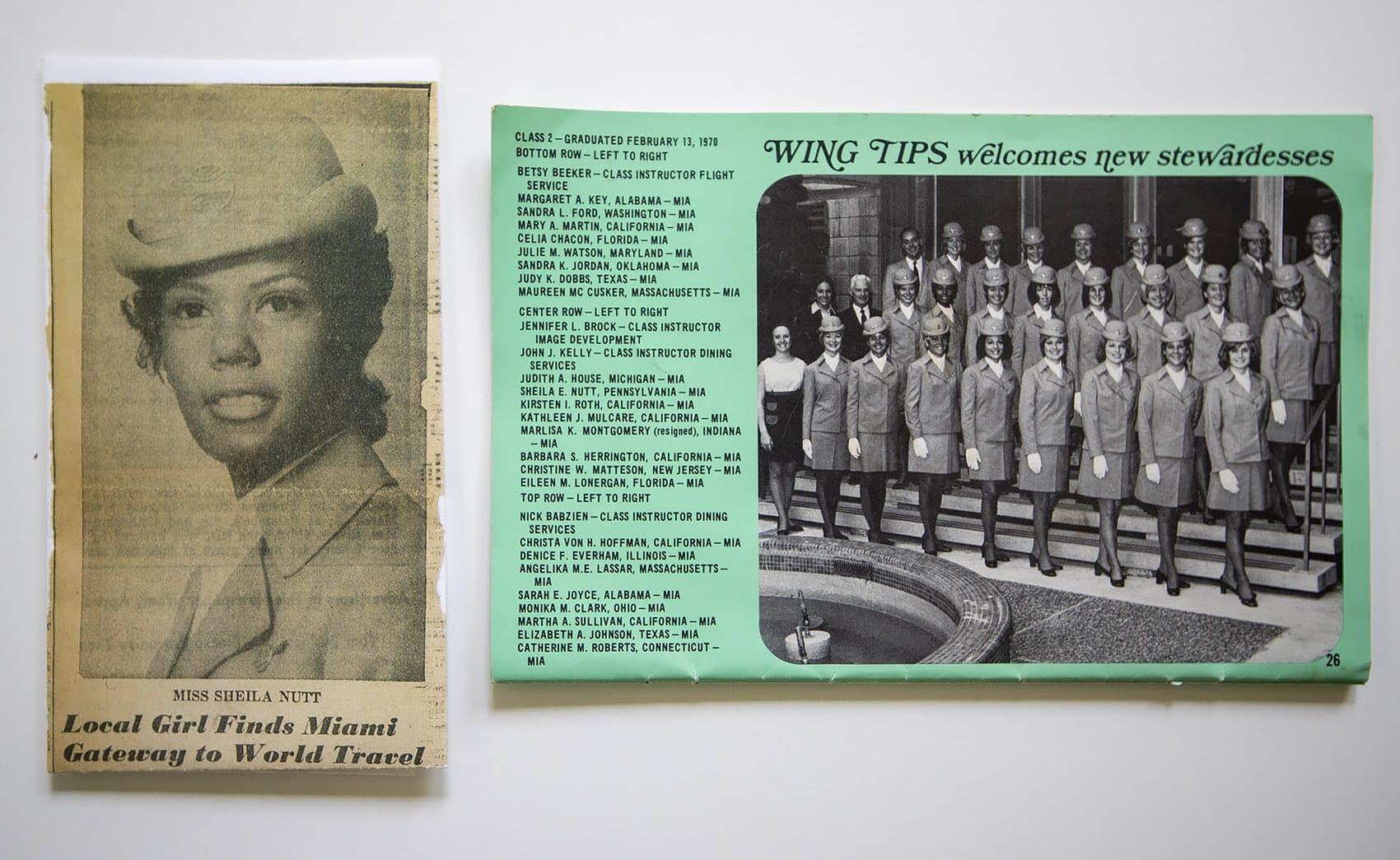 A newspaper clipping from a Philadelphia paper announces Sheila Nutt's hiring by Pan Am, left, and a photograph in the Pan Am publication Wing Tips shows the new class of stewardesses. (Jesse Costa/WBUR)
