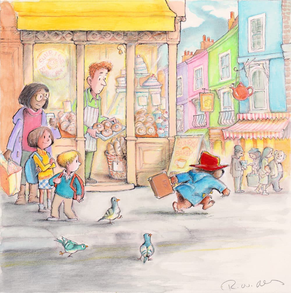 "Paddington Didn't Collect the Buns," by R. W. Alley, from "Paddington at St. Paul's," the latest Paddington Bear book illustrated by Rhode Island artist R. W. Alley. (Courtesy of R. Michelson Galleries)