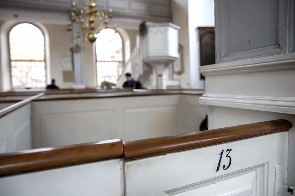Pew 13 in the Old North Church. Recent research shows that Captain Newark Jackson, who owned the pew, participated in trafficking enslaved people in 1743. (Robin Lubbock/WBUR)
