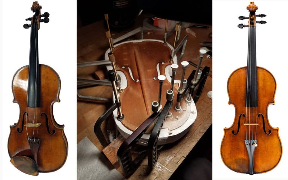 From left to right, the Totenberg-Ames Stradivarius at the start of its restoration; in a mold being prepared to have the edge reinforced; and after the restoration. (Courtesy of Bruno Price via NPR)