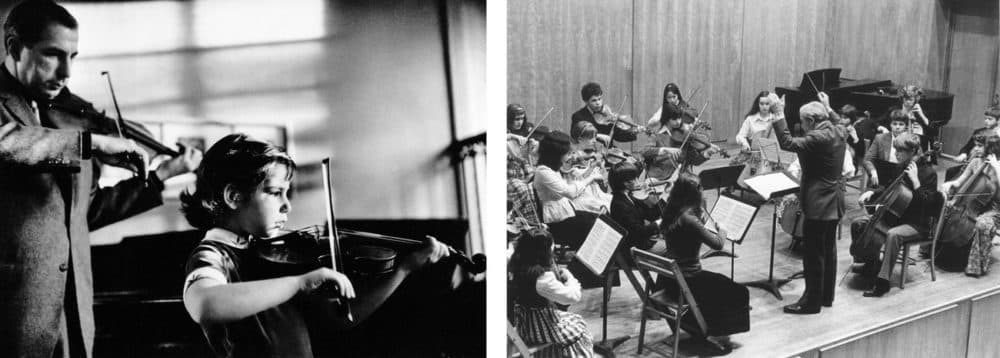 (Left) Totenberg practices with his daughter Amy. (Right) Conducting a student orchestra. Totenberg had a long career teaching at places such as Boston University and the Tanglewood Music Center, and he was director of the Longy School of Music. (Courtesy of the Totenberg family via NPR)