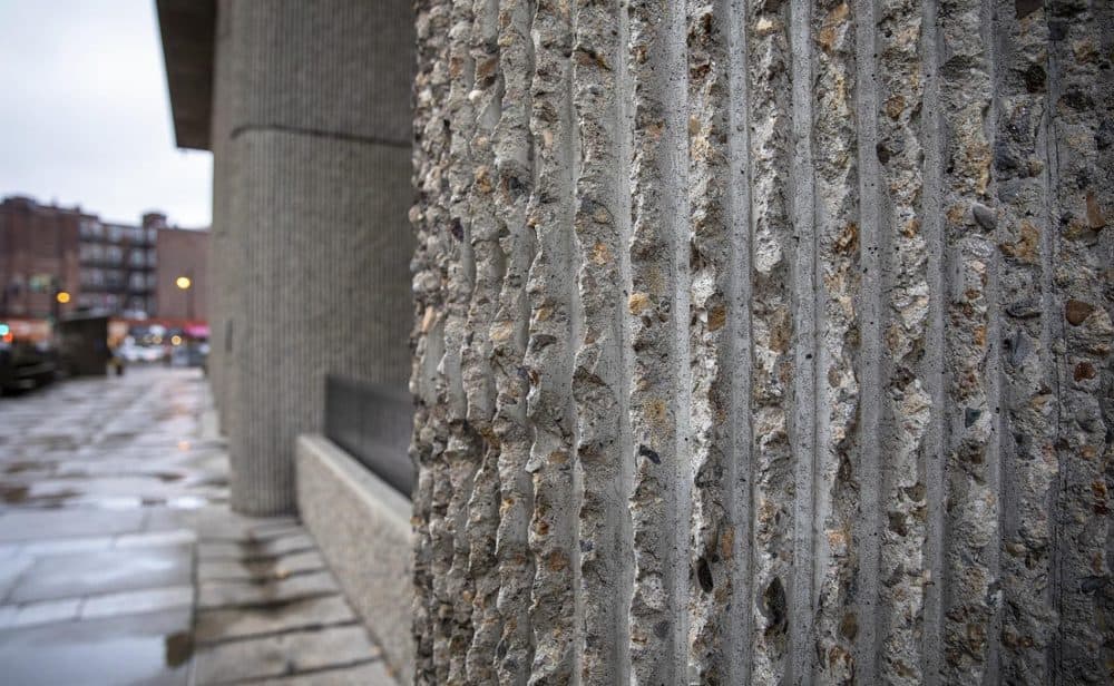 Detail of the iconic brutalist concrete of the Charles F. Hurley Building in Boston. (Robin Lubbock/WBUR)
