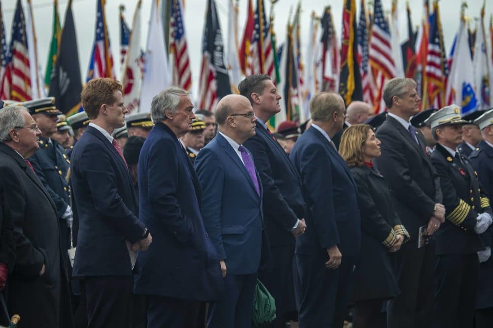 Representatives from state and the U.S. government were in attendance at the funeral of fallen Worcester firefighter Lt. Jason Menard at St. John’s Catholic Church. (Jesse Costa/WBUR)