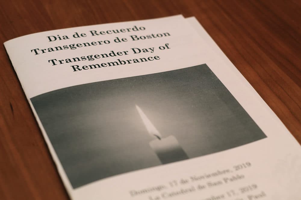 A program for the church's Transgender Day of Remembrance gathering Sunday. (Quincy Walters/WBUR)