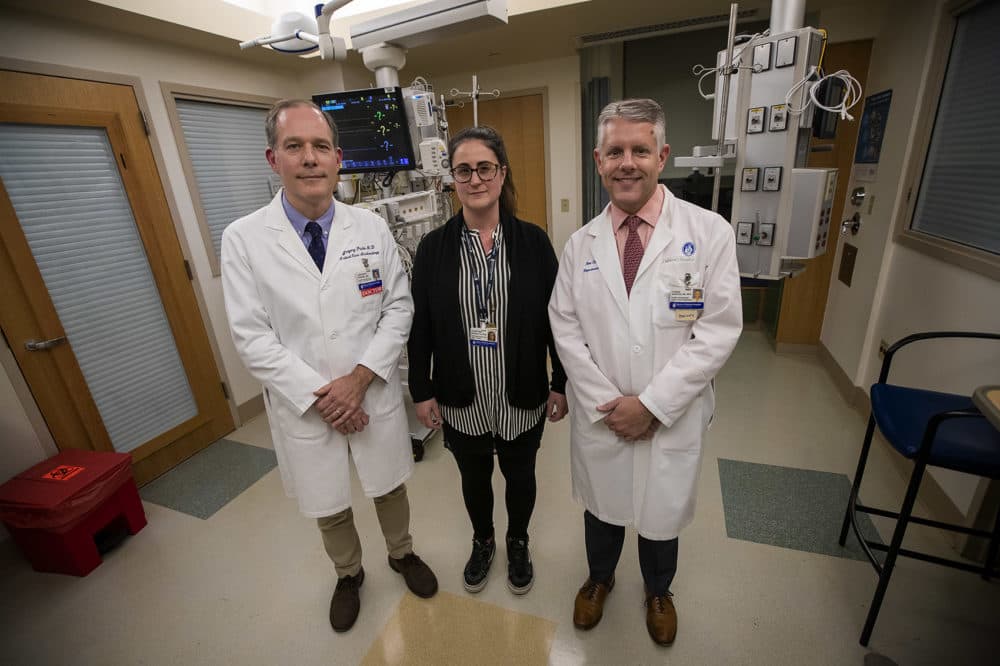Gregory Priebe, Christina Merakou and Thomas Sandora in one of the intensive care rooms at Boston Children’s Hospital (Jesse Costa/WBUR)
