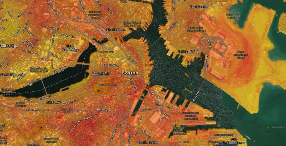 Modeled air temperature in Boston, Cambridge and Brookline. Click for interactive image. (Maps created by researchers at the Museum of Science, Boston and the Helmuth Lab at Northeastern University. Traverse Points and Landsat Model Raster Data by CAPA Strategies.)