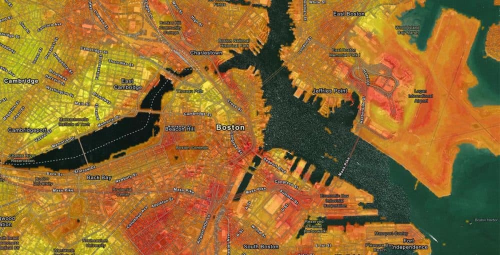 (Click map for interactive image.) Modeled heat index, a measure of heat and humidity. (Maps created by researchers at the Museum of Science, Boston and the Helmuth Lab at Northeastern University. Traverse Points and Landsat Model Raster Data by CAPA Strategies.)