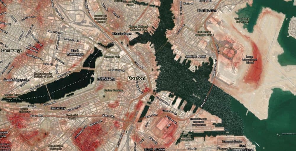 (Click map for interactive image.) Modeled air temperature change. (Maps created by researchers at the Museum of Science, Boston and the Helmuth Lab at Northeastern University. Traverse Points and Landsat Model Raster Data by CAPA Strategies.)