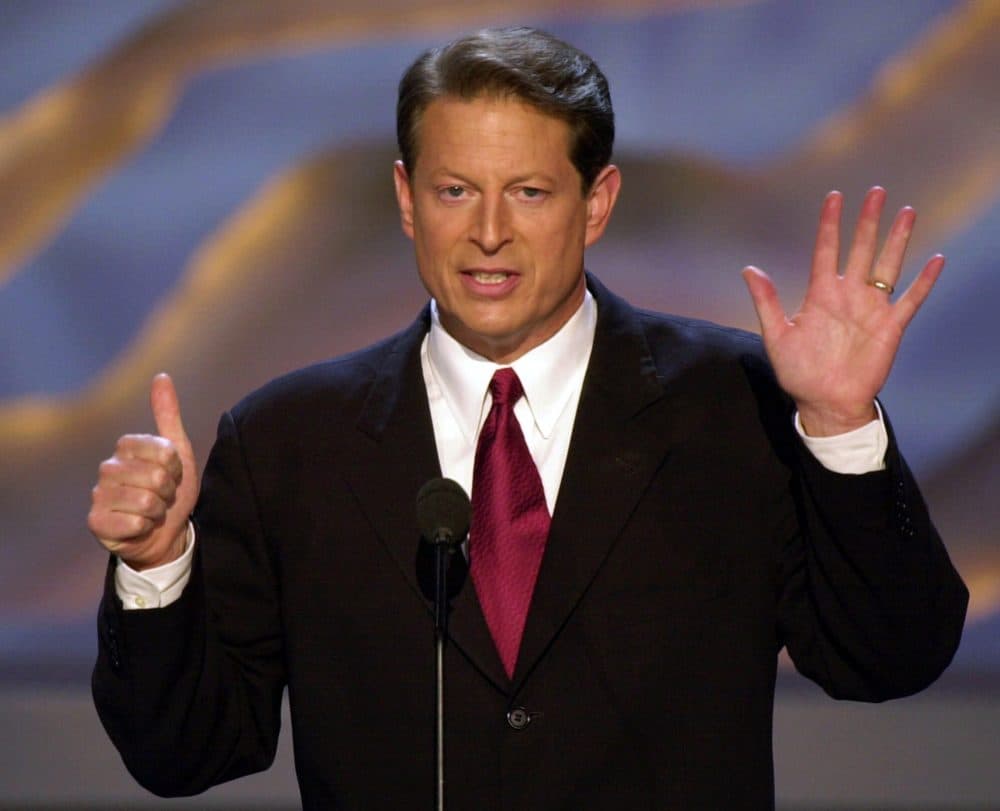 Democratic presidential nominee Vice President Al Gore gestures as he speaks at the Democratic National Convention in the Staples Center Thursday, Aug. 17, 2000, in Los Angeles. (Ron Edmonds/AP)