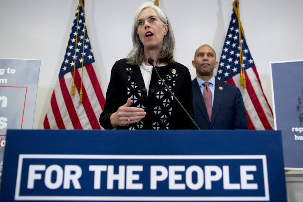 Democratic Caucus Vice Chair Rep. Katherine Clark, D-Mass., accompanied by Caucus Chair Rep. Hakeem Jeffries of N.Y., right, speaks at a news conference on July 10, 2019. (Andrew Harnik/AP)