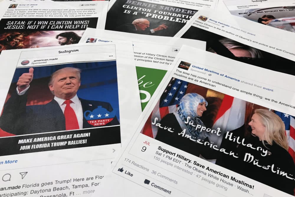 Some of the Facebook and Instagram ads linked to a Russian effort to disrupt the American political process during the 2016 election and stir up tensions around divisive social issues, released by members of the U.S. House Intelligence committee, are photographed in Washington. (AP Photo/Jon Elswick, File)