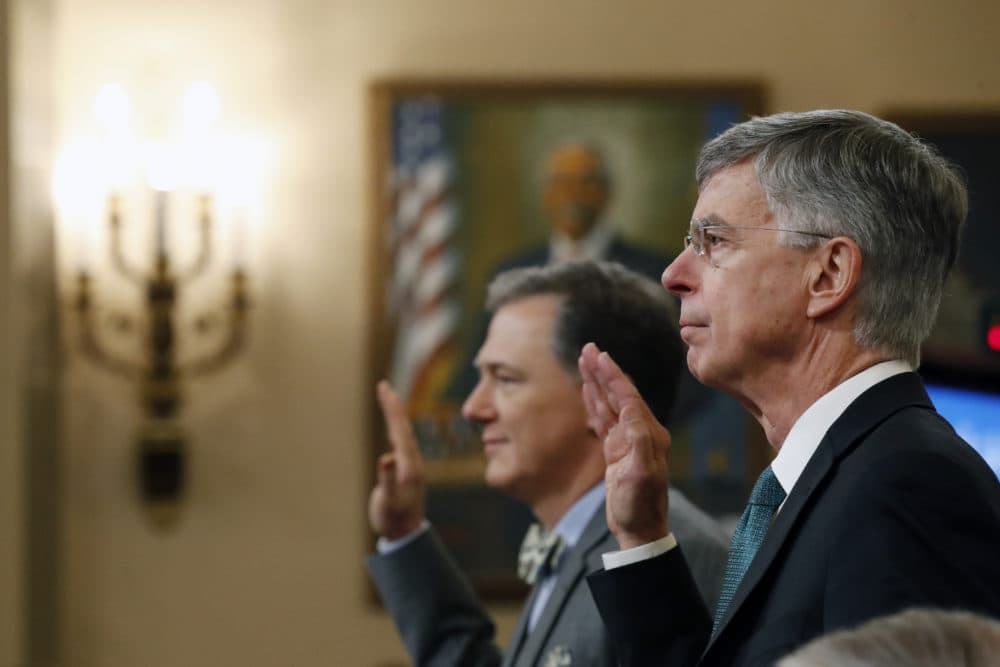 Top U.S. diplomat in Ukraine William Taylor, right, and career Foreign Service officer George Kent, left are sworn in to testify before the House Intelligence Committee on Capitol Hill in Washington, Wednesday, Nov. 13, 2019. (Alex Brandon/AP)