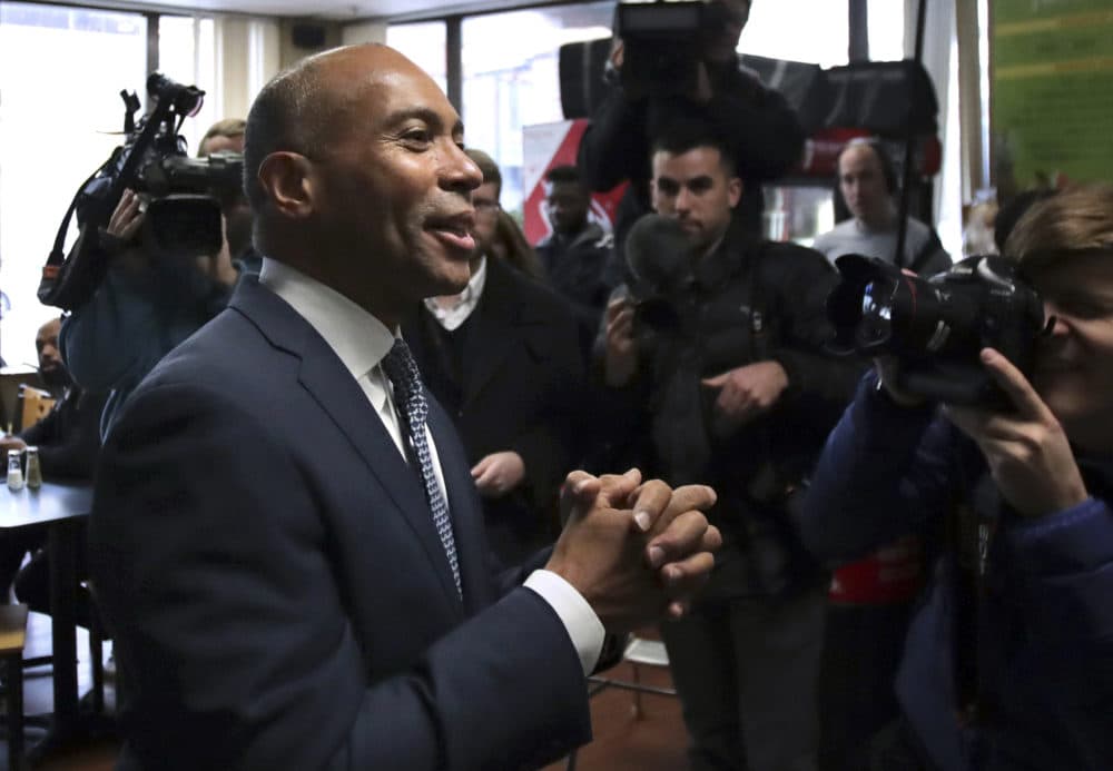 New Democratic presidential candidate and former Massachusetts Gov. Deval Patrick campaigns Thursday at The Bridge Cafe in Manchester, N.H. (Charles Krupa/AP)