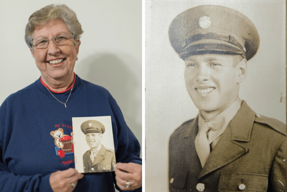 Barbara Rosebrock holds a photo of father, Elvin &quot;Speed&quot; Homan, a World War II paratrooper and prisoner of war. (Morgan Feigal-Stickles for WBUR)