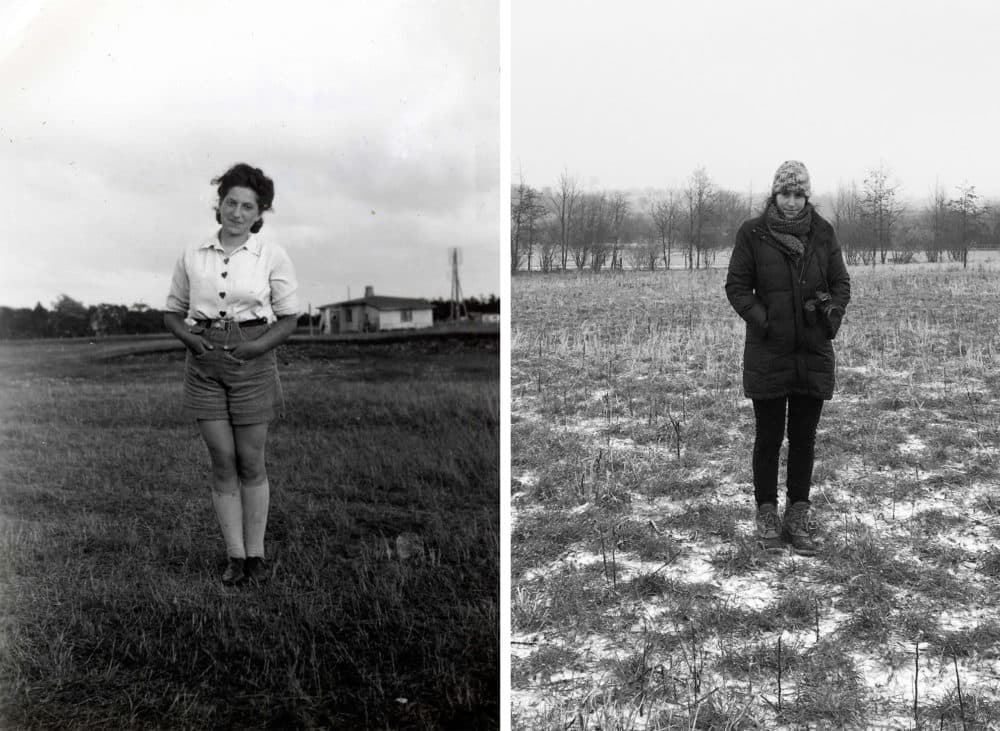 Hana (left) on one of her foster farms in Denmark in the early 1940s. Her granddaughter, Rachael Cerrotti (right) in 2017 on the farm in Denmark that she moved to in order to follow her grandmother’s story. (Courtesy of the &quot;We Share The Same Sky&quot; archive)