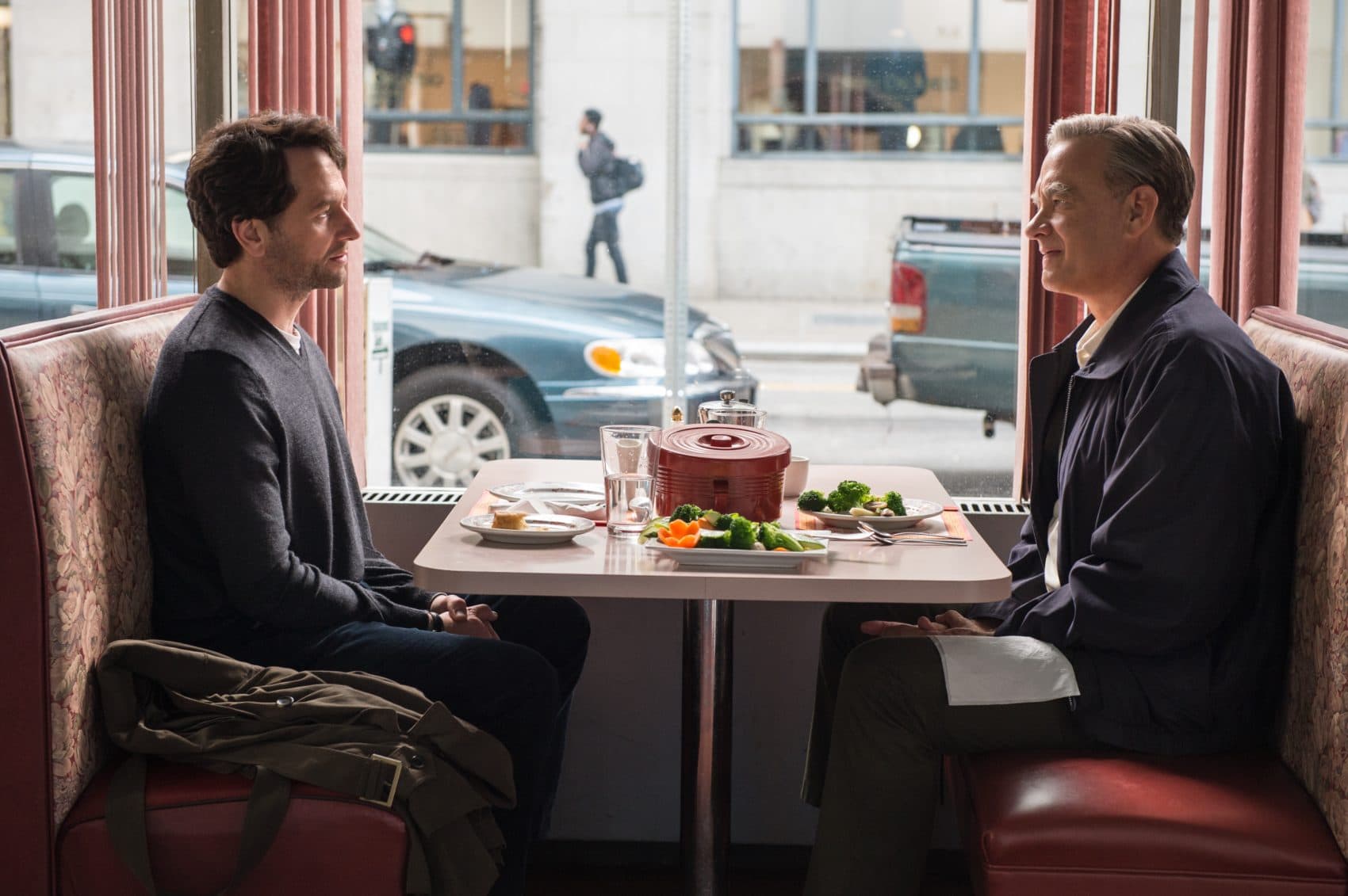 Tom Hanks as Fred Rogers and Matthew Rhys as Lloyd Vogel in "A Beautiful Day in the Neighborhood." (Courtesy Lacey Terrell/Sony Pictures)