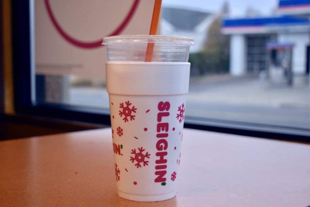 An example of the double cupping method for iced coffee. By early 2020, Dunkin' says this will no longer be an option. (Meghan B. Kelly/WBUR)