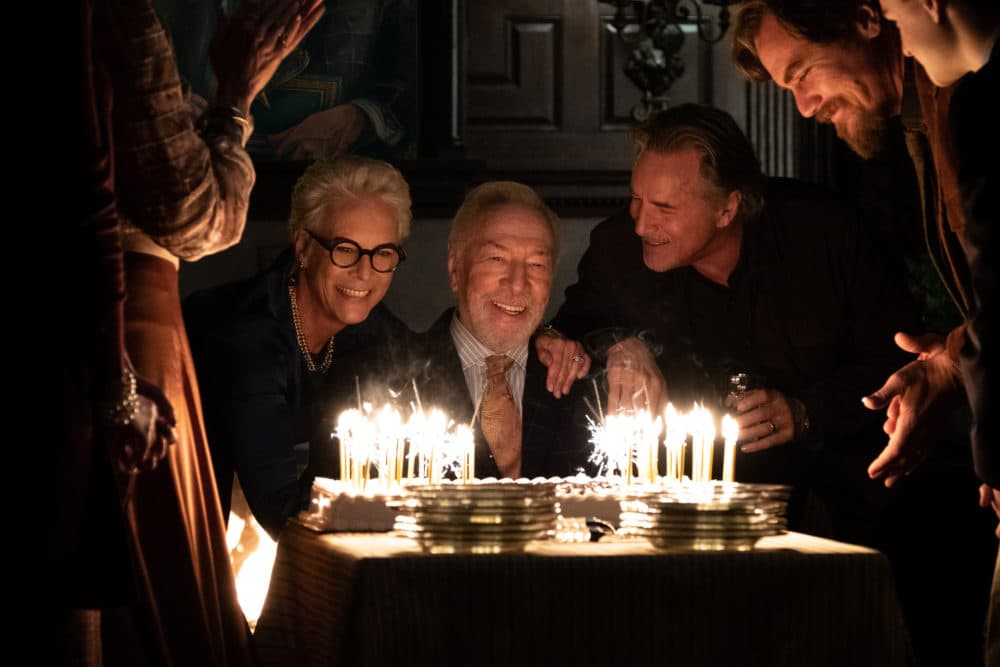 From left to right: Jamie Lee Curtis as Linda, Christopher Plummer as Harlan Thrombey, Don Johnson as Richard, Michael Shannon as Walter and Jaeden Martell as Jacob in &quot;Knives Out.&quot; (Courtesy Claire Folger/Lionsgate)