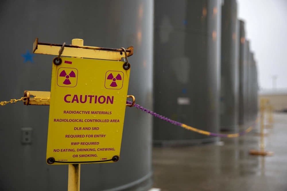 Spent fuel casks at Pilgrim Nuclear Power Station. (Robin Lubbock/WBUR)