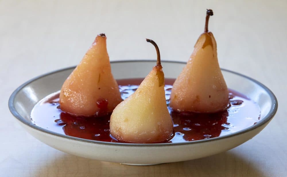 Prosecco poached pears with cranberries, by Chef Kathy Gunst. (Robin Lubbock/WBUR)