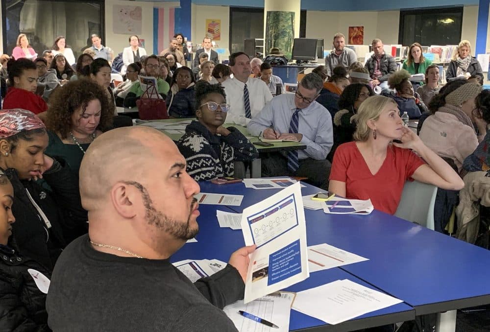 The meeting at The English High School was geared toward parents from the Jamaica Plain, Roslindale, and West Roxbury communities. (Carrie Jung/WBUR)