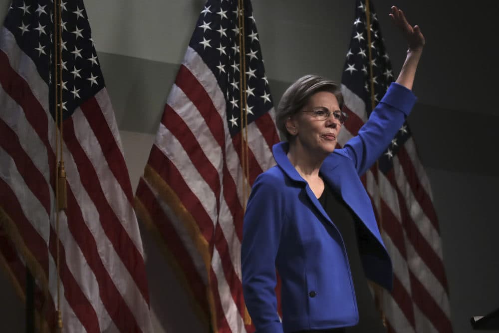 Democratic presidential candidate Sen. Elizabeth Warren, D-Mass., waves after her address at the New Hampshire Institute of Politics in Manchester, N.H. on Dec. 12. (Charles Krupa/AP)