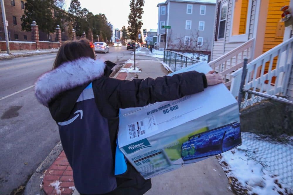 Lately, it's been hard to find daytime blocks, Lynne said. As a result, she does many deliveries after dark. (Adrian Ma/WBUR)