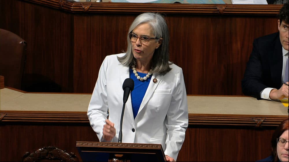 Rep. Katherine Clark, D-Mass., speaks as the House of Representatives debates the articles of impeachment against President Trump. (House Television via AP)