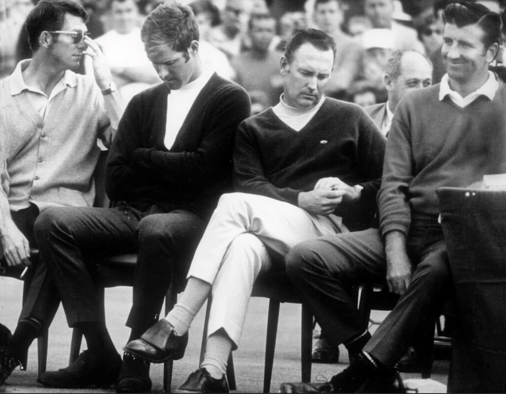 George Archer (far right) beams after he beat 3 other tough golfers at the 1969 Masters. (Courtesy Donna Archer) 