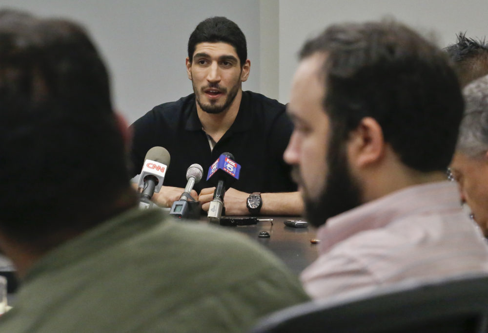 During a 2017 press conference, Enes Kanter described being detained at a Romanin airport after Turkey revoked his passport. (Bebeto Matthews/AP)