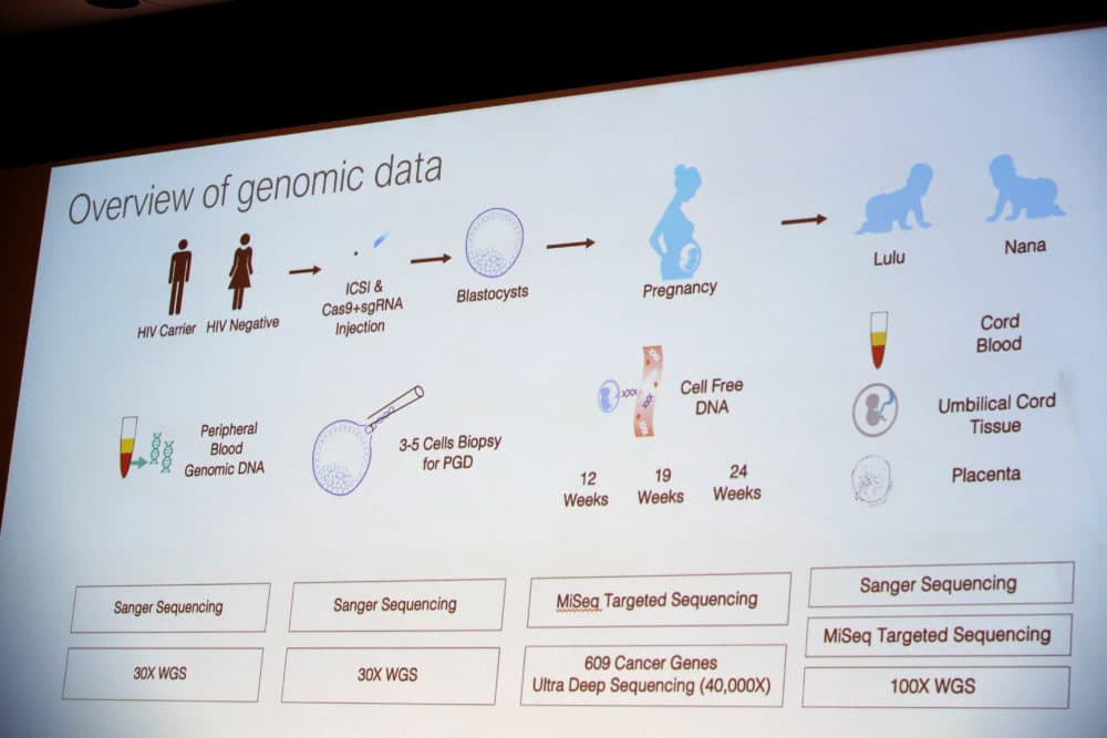A screen shows information of genomic data while He Jiankui, a Chinese researcher, speaking during the Human Genome Editing Conference in Hong Kong, Wednesday, Nov. 28, 2018. (Kin Cheung/AP)