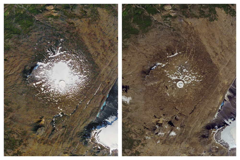 This combination of Sept. 14, 1986, left, and Aug. 1, 2019 photos provided by NASA shows the shrinking of the Okjokull glacier in Iceland. In 1978, aerial photography showed the glacier was 3 square kilometers. In 2019, less than 1 square kilometer remains. (NASA via AP)