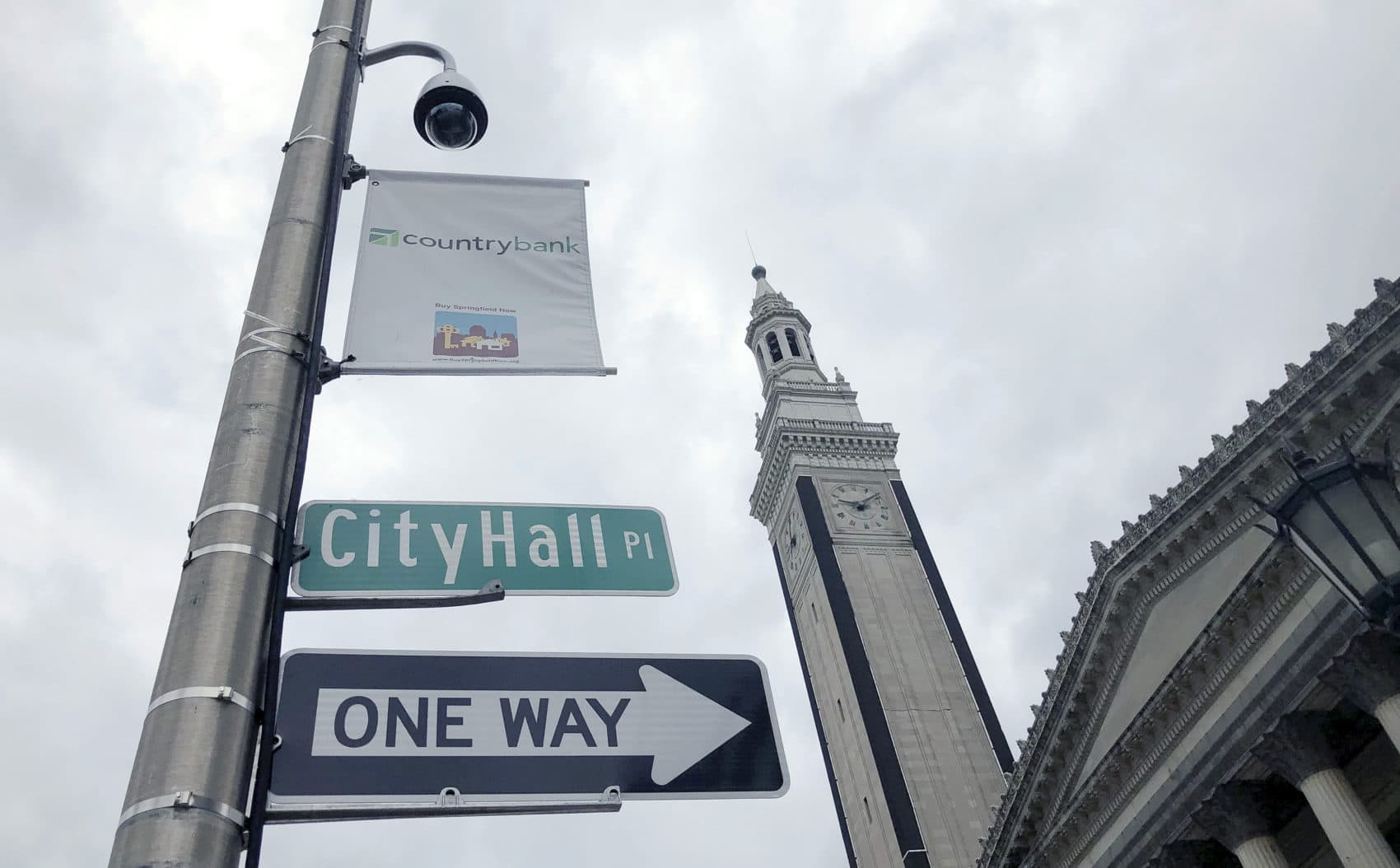 A video surveillance camera hangs on a pole outside City Hall in Springfield, Mass. (Matt O'Brien/AP)