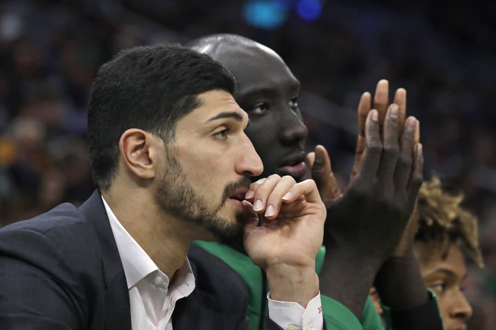 Boston Celtics' Enes Kanter, left, and Tacko Fall watch from the bench in the second half of a Nov. 1 game against the New York Knicks. (Elise Amendola/AP)