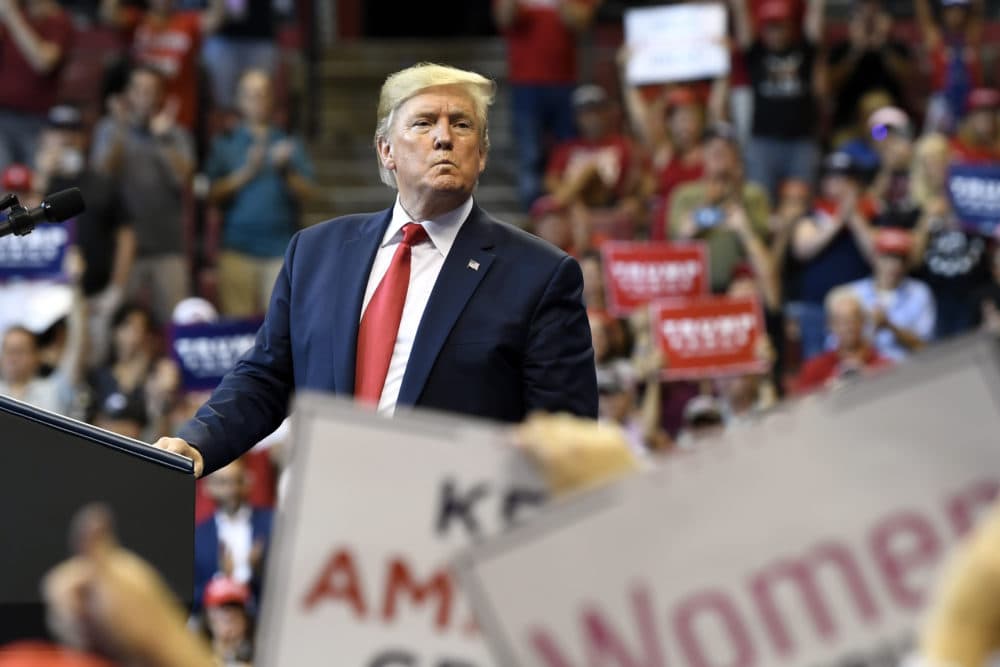 President Donald Trump looks to the crowd as he speaks at a campaign rally in Sunrise, Fla, Tuesday, Nov. 26, 2019. (Susan Walsh/AP)