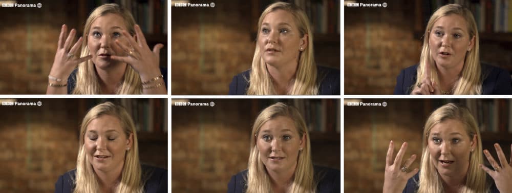 A combo of images taken from video issued by the BBC of Virginia Roberts Giuffre during an interview on the BBC Panorama program that was aired on Monday Dec. 2, 2019. Roberts Giuffre says she was a trafficking victim made to have sex with Prince Andrew when she was 17 is asking the British public to support her quest for justice. She tells BBC Panorama in an interview to be broadcast Monday evening that people "should not accept this as being OK." Giuffre's first UK television interview on the topic describes how she was trafficked by notorious sex offender Jeffrey Epstein and made to have sex with Andrew three times, including once in London. (BBC Panorama via AP)