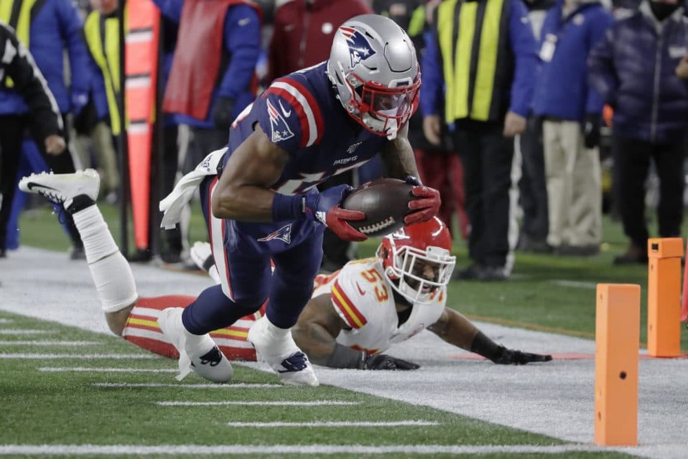 New England Patriots wide receiver N'Keal Harry runs for the goal line after catching a pass against the Kansas City Chiefs in the second half of the game Sunday in Foxborough. The play was not ruled a touchdown. (Elise Amendola/AP)
