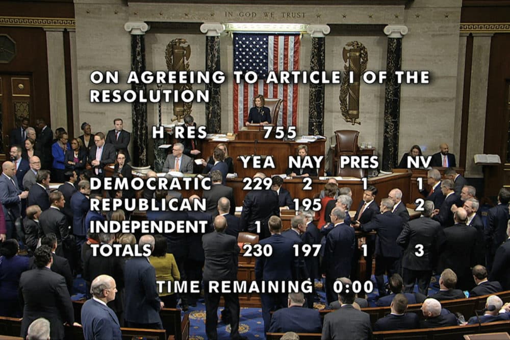 The vote total showing the the passage of the first article of impeachment, abuse of power, against President Donald Trump by the House of Representatives at the Capitol in Washington, Wednesday, Dec. 18, 2019. (House Television via AP)