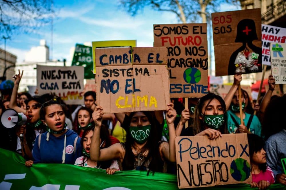 Demonstrators take part in a global youth climate action strike in Buenos Aires, on September 27, 2019, at the end of a global climate change week. (Ronaldo Schemidt/AFP/Getty Images)