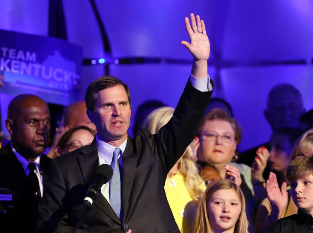 Democrat Andy Beshear celebrates with supporters after voting results showed he held a slim lead over Republican Gov. Matt Bevin at C2 Event Venue on November 5, 2019 in Louisville, Kentucky. (John Sommers II/Getty Images)
