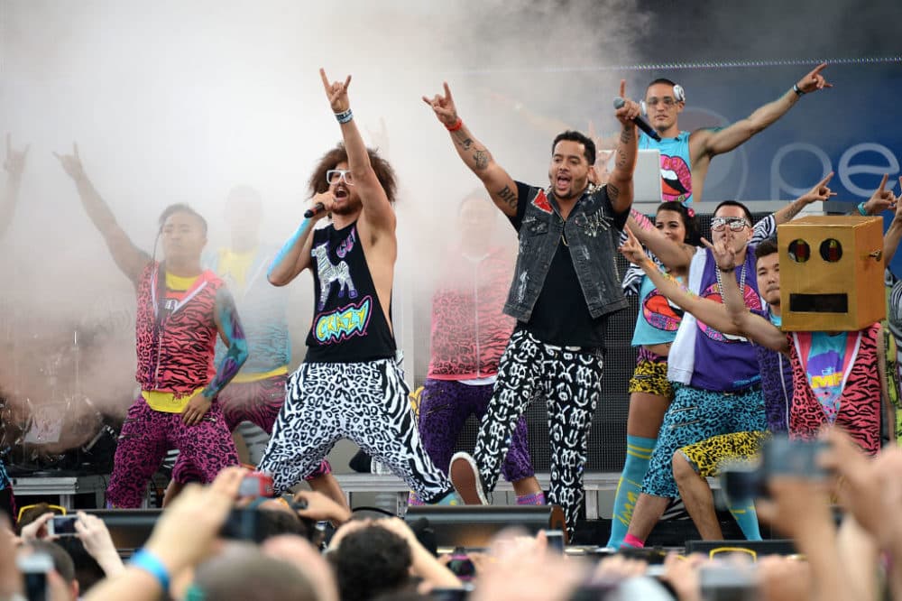 Stefan Gordy (a.k.a. Redfoo) and Skyler Gordy (a.k.a. SkyBlu) of LMFAO perform at Rumsey Playfield in Central Park. (Andrew H. Walker/Getty Images)
