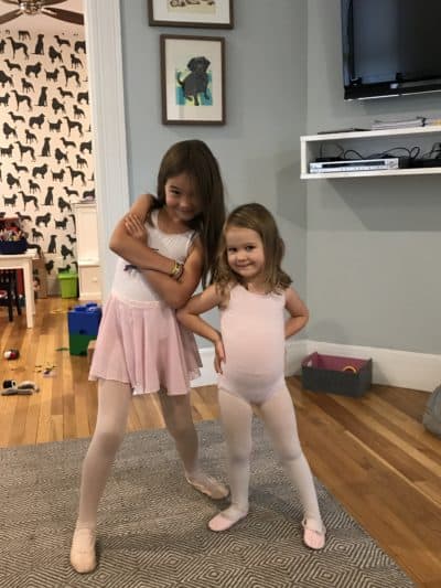 The authors daughters Harper, left, 7, and Aya, 3, at home in Cambridge, Mass., posing in their ballet attire in preparation for Aya’s first ever ballet class, Sept. 2019. (Courtesy)