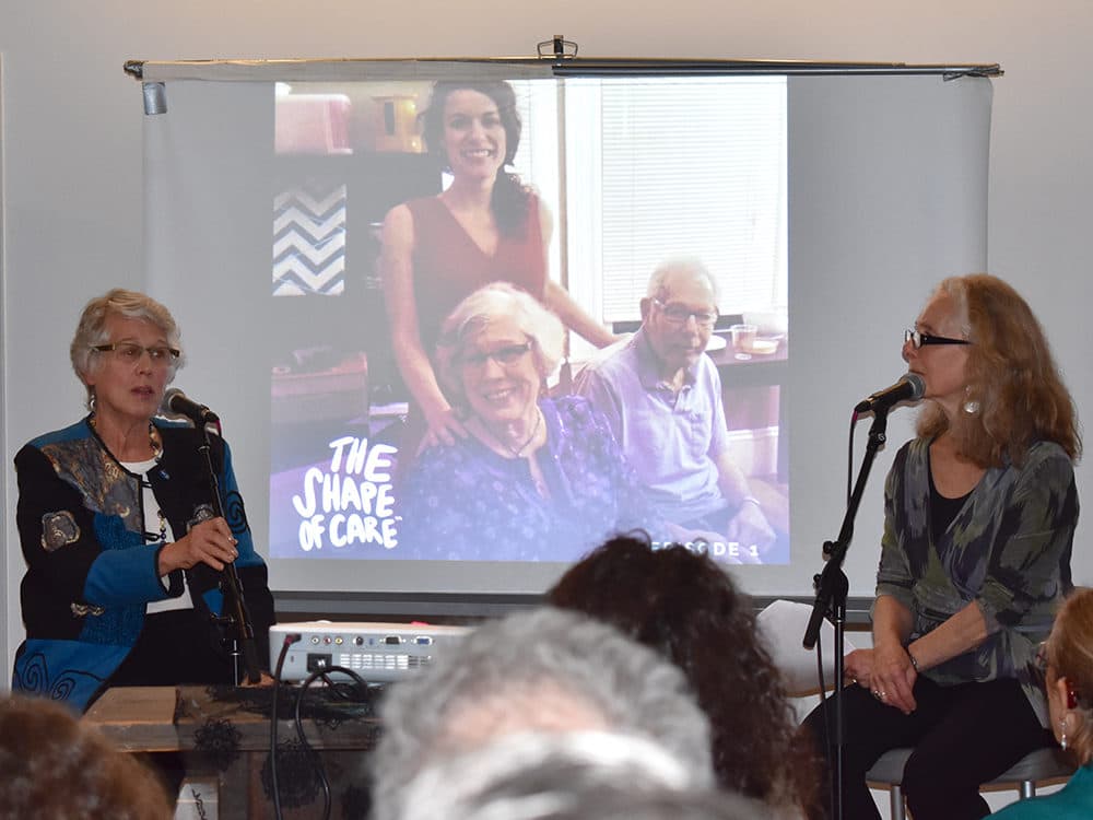Laurie Sheridan (left) speaks with Mindy Fried, host of The Shape of Care podcast, about caring for her husband Ira, who has Parkinson's disease. (Dalia Llera)
