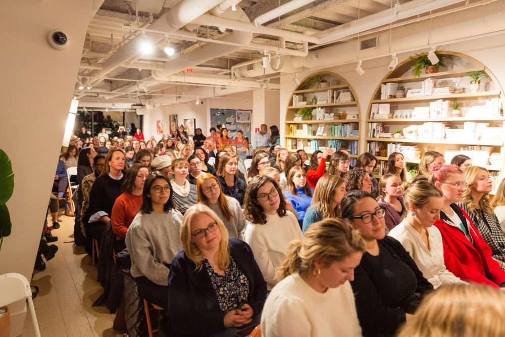 The audience at The Wing listen to the cast and director of &quot;Little Women.&quot; (Courtesy Kayana Szymczak)