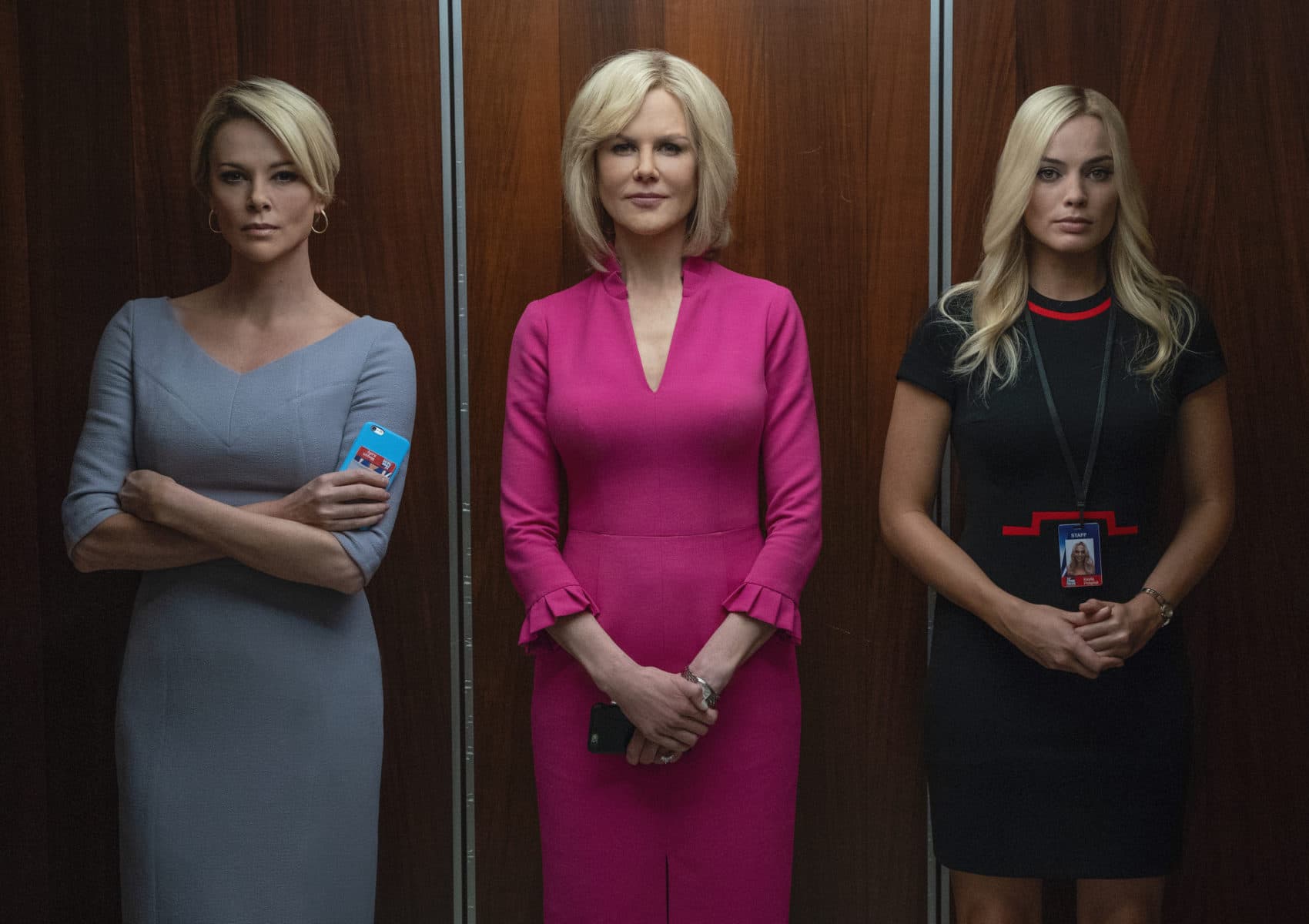 Left to right, Charlize Theron as Megyn Kelly, Nicole Kidman as Gretchen Carlson and Margot Robbie as Kayla Pospisil in "Bombshell." (Courtesy Hilary Bronwyn Gayle/SMPSP)