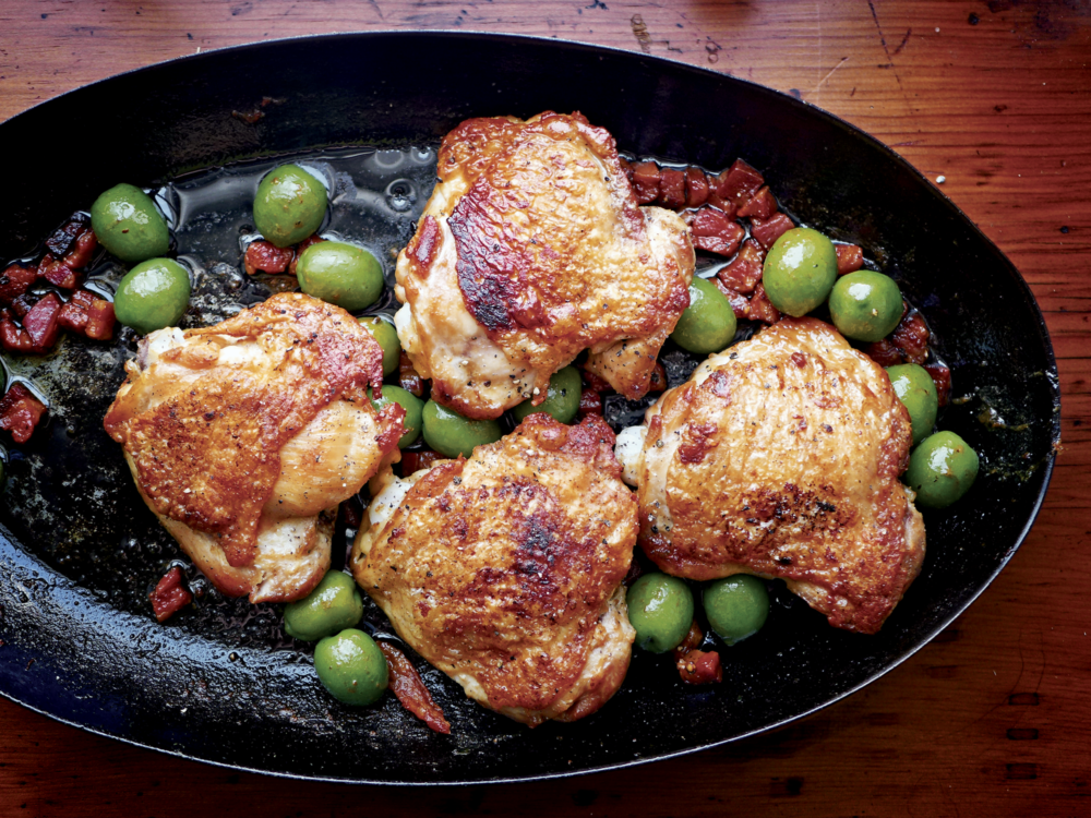 Chicken Thighs With Pancetta And Green Olives by Christopher Hirsheimer and Melissa Hamilton. (Courtesy of Little, Brown and Company)