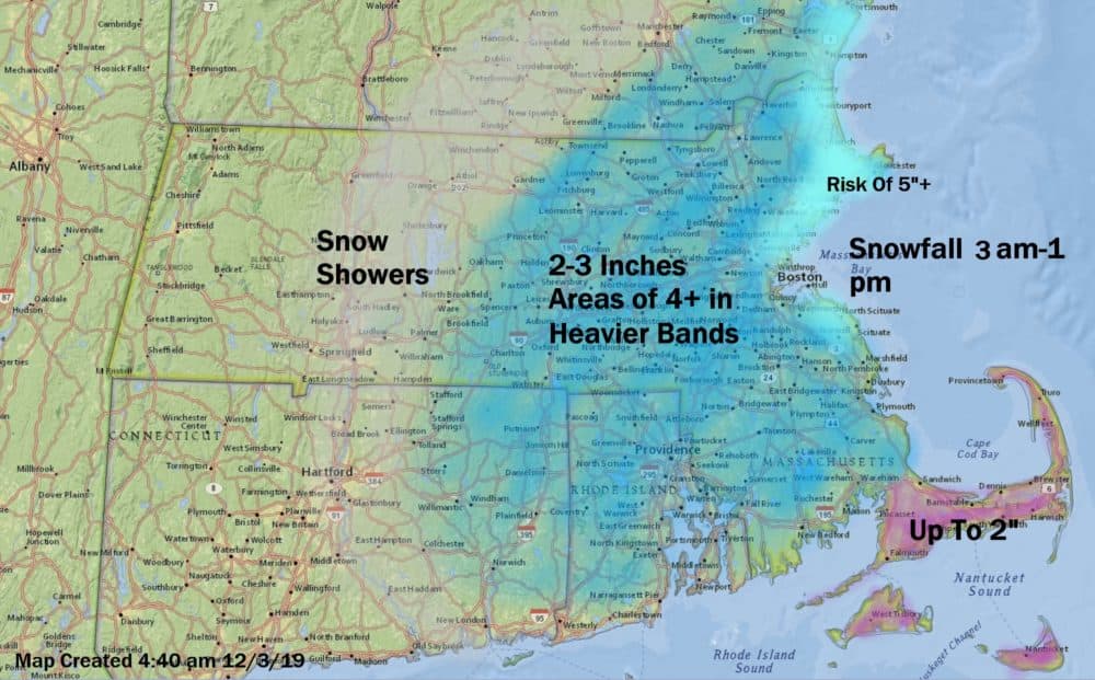 Snow will fall at various rates this morning before ending this afternoon. (Dave Epstein/WBUR)