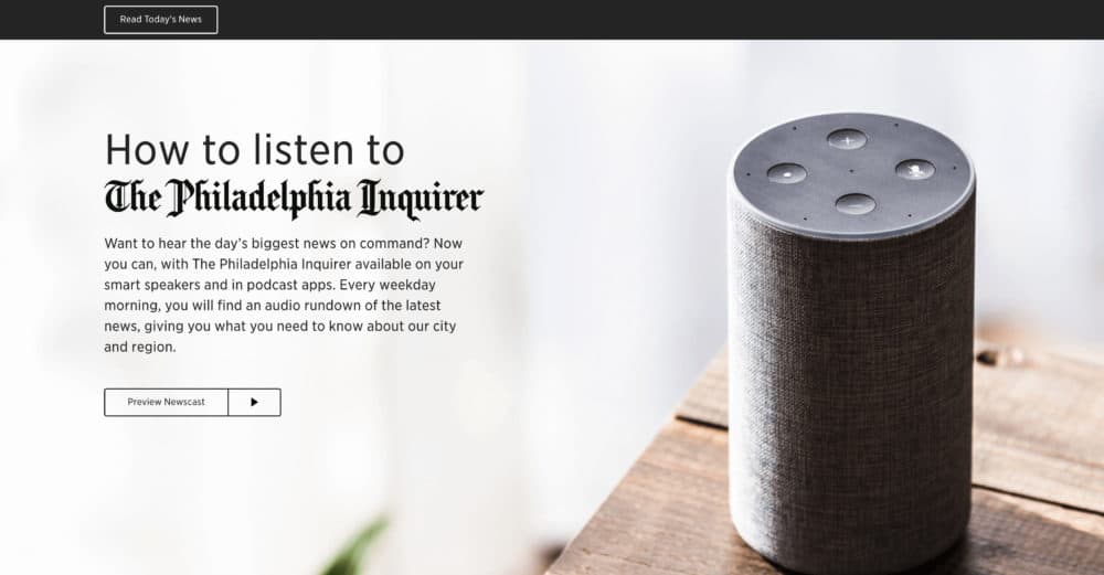 The splash page promoting the Philadelphia Inquirer's audio newscast.